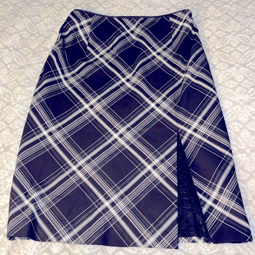 White House Black Market Black Plaid High Waist Lace Panel Faux Wrap Midi Skirt